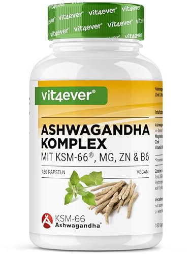 Complesso di Ashwagandha KSM-66® - 180 capsule - 600 mg di ashwagandha al giorno - Con magnesio, zinco e vitamina B6 - Senza additivi - Altamente dosato - Vegan