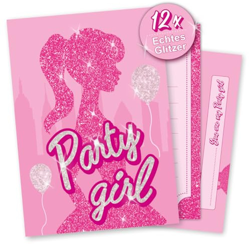 GLITZER • Biglietti d'invito Beauty Party Girl • Per compleanno in rosa • Invito per ragazze e adolescenti • Stile principessa • 12 biglietti + 12 buste