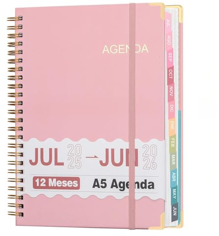 Jul 2025 – jun 2026 A5-planerare, akademisk planerare 2025–2026 vecko- och månadsplaneringsbok 12 månader dagskalender med flikar skola college lärare student planerare (rosa)