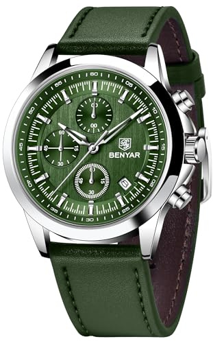 BENYAR Herrenuhr Analog Quarz Chronograph Herren 50M Wasserdicht Leuchtende Datum Lässig Klassische Elegantes Uhren Herren (Grün)
