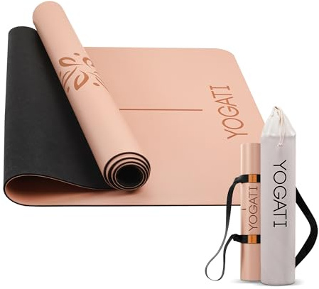 YOGATI® Yogamatte rutschfest Naturkautschuk mit Tasche - Yoga Matte groß mit Markierung, Sportmatte breit, Ideal für Fitness, Pilates und Gym Workout, Fitnessmatte Rutschfest für Damen, Braun