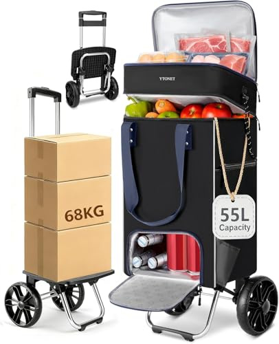 Ytonet Folding Shopping Trolley, WaterProof,Load-bearing of 68kg/55L, Black | Shopping Trolley on Wheels, Sealed Inner Lining Perfect for Holding Fruit, Vegetables, Easy to operate