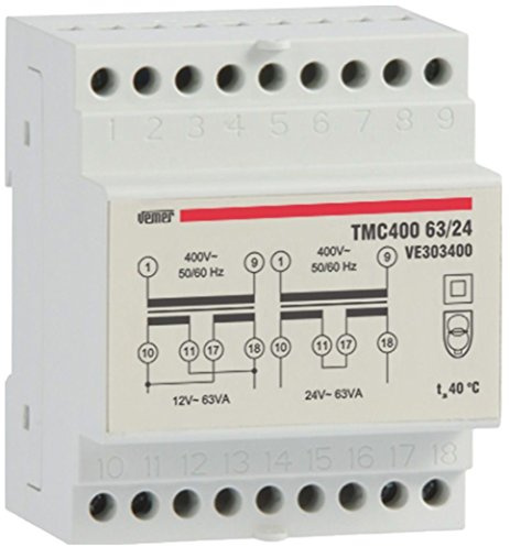 VEMER VE303400 TMC 400 63/24 - Transformator für Hutschienen mit Primärspannung 400V, Trafo mit Sekundärspannung 12-24V und Leistung 63VA, Weiß
