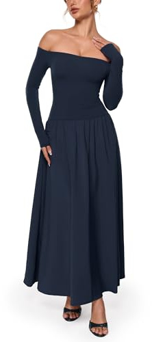 INLYRIC Women's Off The Shoulder Long Sleeve Maxi Dresses Elegant Formal Wedding Guest Cocktail Long Dresses Deep Ocean Blue Small