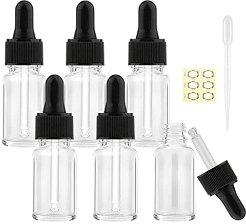 Alledomain 6 st, 10 ml genomskinliga glasflaskor med pipetter, mini tomma droppflaskor, svart plastlock, påfyllbar, genomskinlig provbehållare för eteriska oljor/massageoljor/kemisk vätska