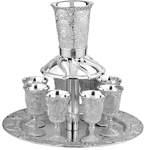 BOKER-TOV SHALOM Silver Plated Kiddush Cup Fountain - Wine Fountain Kiddush Cup Set for Shabbat, Havdalah, Passover - Judaica Shabbos and Holiday Gift