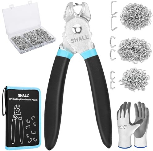 SHALL - Juego de alicates para anillos de cerdo con 600 anillas galvanizadas (1,9 cm, 1,2 cm, 1,9 cm) para tapicería, vallas, jaulas para mascotas, tensores, bolsas, guantes de protección,