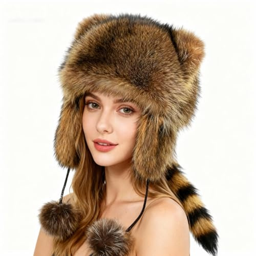 Cute Faux Fur Raccoon Hat with Tail Ears Cozy Fluffy Parent-Child Raccoon Costume Hat Animal Earflap Hat Warm Winter Plush Ushanka Trapper Hat Windproof Ski Snow Cap for Kids Women