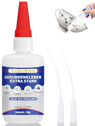 Sekundenkleber, 30g Sekundenkleber Extra Stark, Superkleber Wasserfest, Hitzebeständig mit Nadel Verschluss Gegen Austrocknung, Alleskleber für Plastik, Glas, Metall, Holz