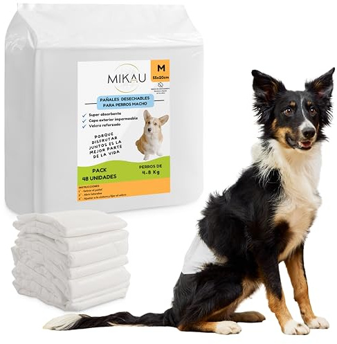 MIKAU - Pannolini per cani maschi ultra assorbenti (confezione da 48), vestibilità anti-perdite, comodi e resistenti, facile da posizionare. Incluso il rotolo del sacchetto per la cacca