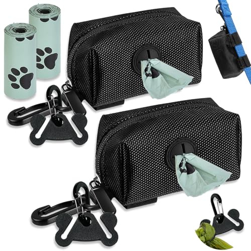 Hilihali Dog Poop Bag Dispenser for Leash Accessory, 2 Packs (Black), 16 Rolls, Hand Free Holder & Bag, Fits Dog Leash, Animal Waste