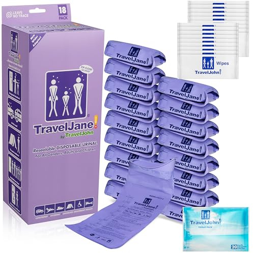 TravelJane Resealable Disposable Urinal Bags 28oz (18 Pack) – Travel Urinal for Women, Men & Kids – Odorless Leakproof Portable Urine Bags – Ideal for Camping, Emergencies & Long Car Rides (TJ1T-C)