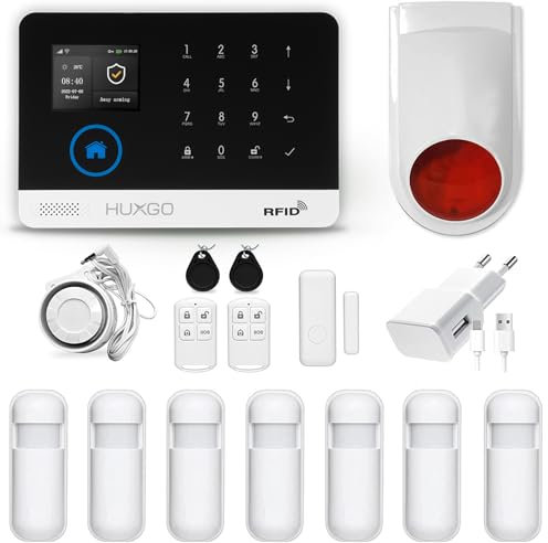 HUXGO HXA003 Funk Alarmanlage WiFi + GSM Modul mit 7X Bewegungssensoren und Funksirene - Alarmanlage Wohnung Garage - Funk Bewegungsmelder mit Empfänger