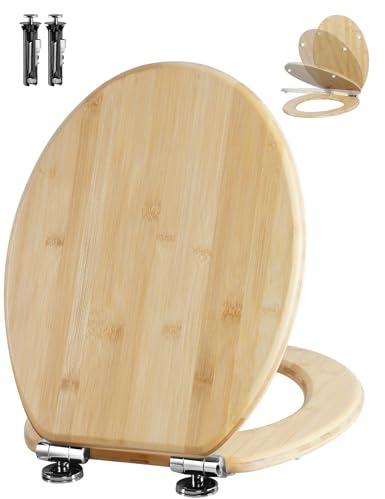 Angel Shield WC-Sitz aus Bambus, mit Absenkautomatik, Oval, mit Schnellverschluss, verstellbare Scharniere, auch leicht zu reinigen, für Badezimmer, natürlicher Bambus
