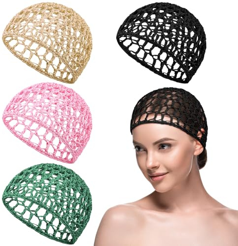 Geyoga 4 Pieces Mesh Crochet Hair Net Rayon Knit Snood Hat Thick Short Women Hairnet Snoods Cover Ornament for Sleeping(Black, Green, Pink, Beige)