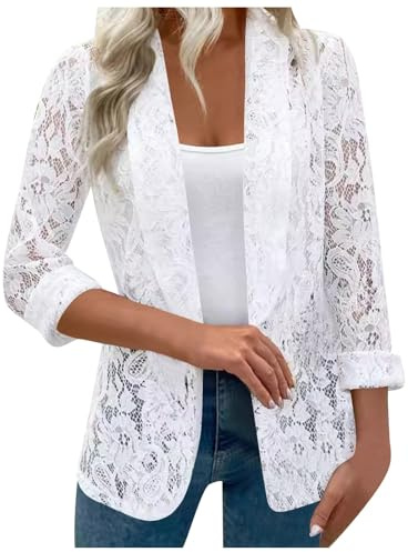 Duohropke Cardigan Boléro pour femme - Veste de costume transparente en dentelle - Blazer élégant - Pour les loisirs - Veste d'été légère ouverte sur le devant - Blouse - Blazer d'aviateur pour