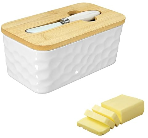 Smörburk, keramik, smörklocka med kniv och trälock, stor smörburk porslin för 300 g smör, smörklocka smörlåda för hushåll och kök (vit)