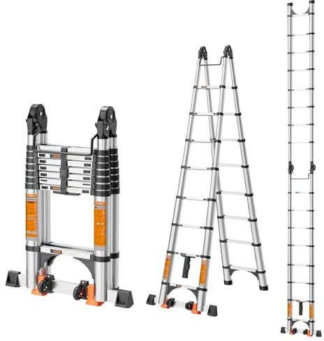 Telescoping Ladder A Frame,Telescopic Ladder for Home, Roof, RV，12.5 Ft Stainless Steel Extension Ladder with Balance Bar,Wheels and 2 Triangle Stabilizers，330 lb Capacity (12.5FT-A Frame)