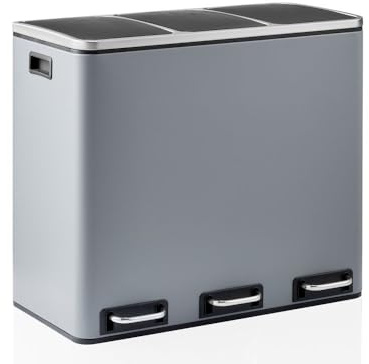 hjh OFFICE Clean 9 Kökssopkorg, 3 x 18 l, system för selektiv sortering med 3 fack, metallsopkorg, sopkorg med pedal, avtagbar inre hink, mörkgrå