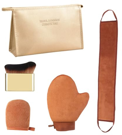 EOAMGO 5 in 1 Self Tanning Mitt Applicator Kit,Double Sided fake tan mitt with Mini Tanning Glove,Reusable Face Tanning Brush,Back Tanner Applicator for Back and Hard-to-reach Areas (Brown)