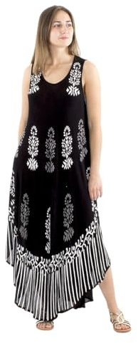 Coline - Robe Longue de Plage sans Manches Motifs Ethniques Femme Noir et Blanc Taille Unique S-XL 138cm Viscose