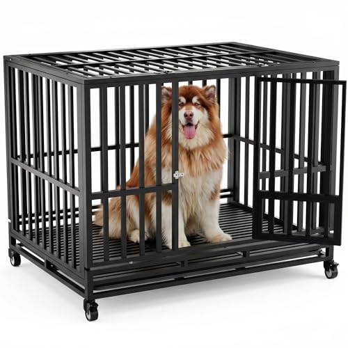 Heavy Duty Dog Crate, 46 inch XXL Dog Kennels and Crates with Wheels, 4 Prevent Escape Lock and Removable Tray, Metal Large Dog Cage Tear Resistant Square Tube (119x81x99cm)