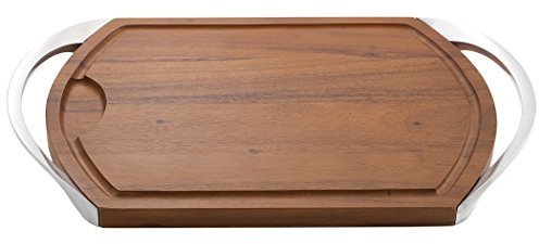Nambé Carve & Serve Station – Acacia Wood Carving Board with Nambé Alloy Handles, Subtle Moat Design for Juicy Meats, Elegant Serving Tray for Kitchen & Dining, 0.8 H x 14 W x 22.4 L