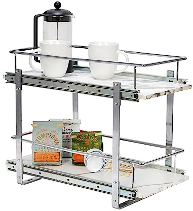 Household Essentials Glidez Chrome-Plated Steel and Faux Marble 2-Tier Pull-Out/Slide-Out Storage Organizer, 11.25 Wide, White and Chrome
