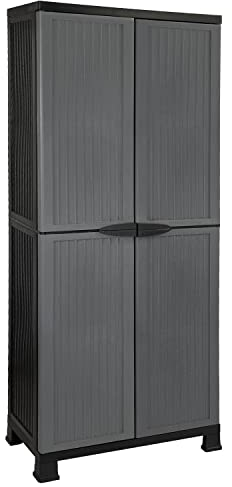 7house - Armario de Resina Alto Almacenaje con Escobero, Exterior e Interior, Jardín y Terraza, 4 Baldas, 2 Puertas, Dimensiones 39x68x171cm (Largo x Ancho x Alto), Gris o Negro