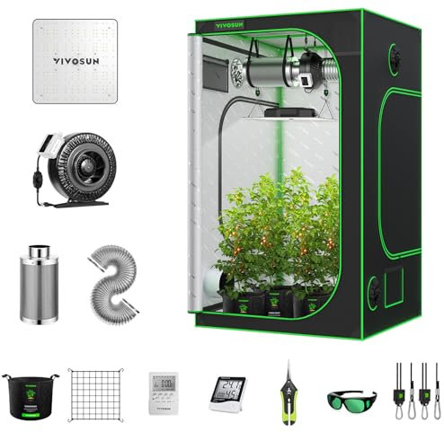 VIVOSUN GIY 4x4 Grow Tent Kit Complete, 4x4 Ft. Grow Tent Complete System with VS1000 Led Grow Light 6 Inch 440CFM Inline Fan Carbon Filter and 8ft Ducting Combo, 48x48x80