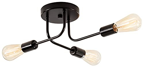 Plafond industriel semi encastré 3 lumières avec branche métallique réglable Plafonnier vintage E27 Holder peint en noir pour cuisine salon salle à manger chambre （Noir）(ampoule non incluse)