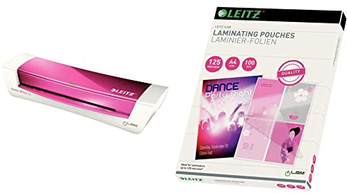 Leitz Set A4 Home Office Laminiergerät, Für 80 bis 125 mic Laminierfolien, Pink, 73680023 & Leitz Heißlaminierfolien A4 125 mic, Hochwertige Laminierfolien im 100er Pack, 33808