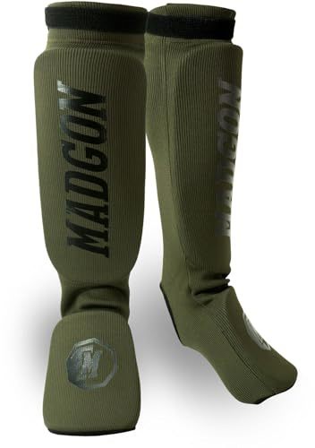 MADGON Espinilleras Kick Boxing Ajuste y Acolchado Ideal – Protección de Espinillas Baja Transpiración – Espinilleras Muay Thai – Protectores de Piernas para Artes Marciales – Incluye Funda