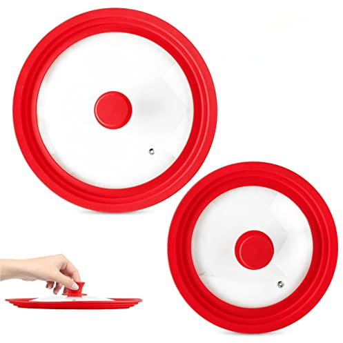 Modern Innovations Universal Lids (Set of 2) Fits 7 to 12-Inch Cookware, Silicone Replacement Pan Lid, Glass Top Covers for Skillets, Pots, Frying Pans, Cast Iron - Red