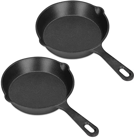 Beufee 2Pcs 6 Inch Cast Iron Skillet, 14cm Diameter Frying Pan 2 Spouts Frying Pan Nonstick Frying Grill Pan Heat Resistant Handle Grill Pan for Household Kitchen