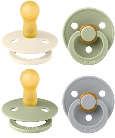 BIBS Dummies Colour 4-Pack, BPA Free Dummy Pacifier, Round Nipple Soothers, Natural Rubber Latex, Made in Denmark. 6-18 Months (Pack of 4), Sage Mix