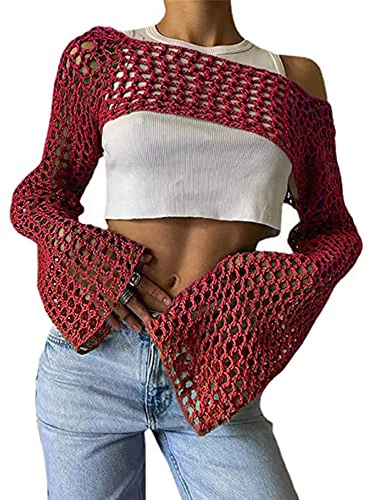 Aimiray Suéter de punto de mujer sexy con malla y crochet, con aberturas, para playa, con manga larga transparente, estilo Y2K, Vino tinto, L
