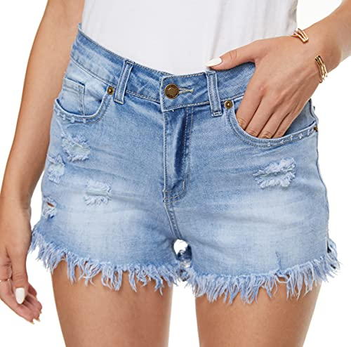 HVEPUO Kurze Sommer Hose Damen Leibhöhe Stretch Hot Pants Destroyed Jeans Knöpfe Women Skinny Leicht Quasten Shorts Für Mädchen Blau Gewaschen M