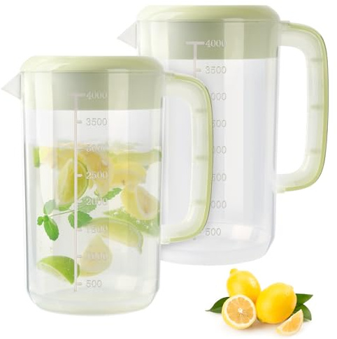 BPFY Clear Plastic Pitcher with Lid, 2 Pack Clear Water Pitcher for Cold Drinks, Iced Tea Pitcher for Lemonade, Iced Tea, Milk, Juice, Beverages (1 Gallon 4 Litre)