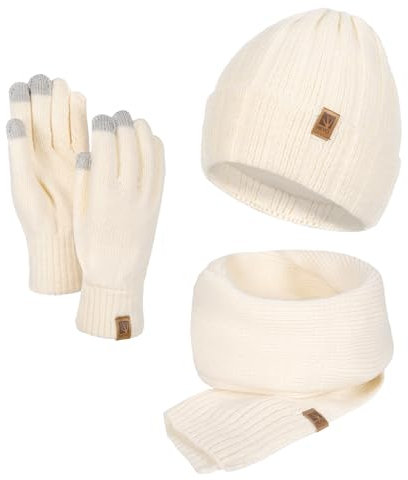 HEYO Damen Winterset gestrickte Mütze Schal weiche Handschuhe warmes Set für Damen Gefütterte Wintermütze mit Großer Winterschal Damenschal (Beige)