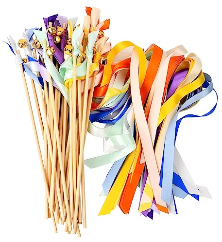 30 Pièces Bâton de Ruban de Mariage, Banderoles de Baguettes de Ribbon de Fée de Couleur avce Cloches, Chromatique Serpentins pour les Décorations de Fête Anniversaires (Ruban de couleur mixte)