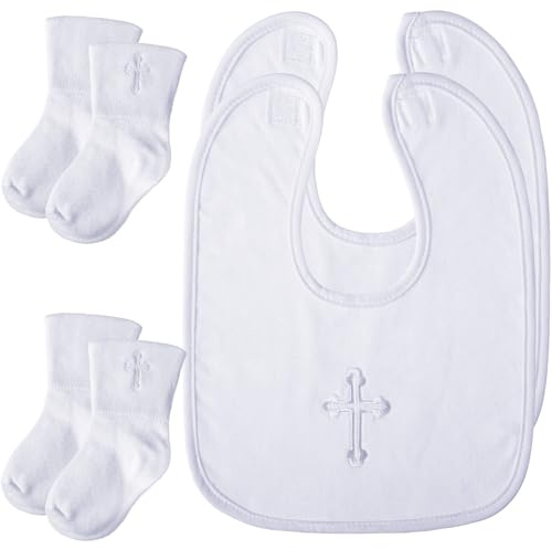 Jiuguva 4 Pcs Baptism Gifts for Boys Girls, Christening Bibs and Socks Set White Embroidered Cross Baptism Outfit for Baby(0-6 Month)