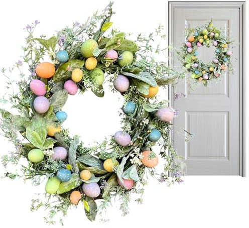 Coronas de Pascua para puerta delantera, corona de primavera con huevos de Pascua pastel sintéticos, corona de huevos de Pascua para puerta delantera, corona de huevos de Pascua para uso en interiores