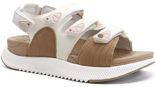 ONCAI Womens Walking Sandals Summer Hiking Sports Sandles with Arch Support Woman Outdoor Orthopedic Water with Adjustable Strap Beige/White Size 4