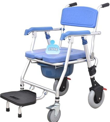Toilettenstuhl für Senioren mit Rollen, 3 In 1 Duschstuhl Wc Stuhl Klappbar mit Armlehnen und Bremsen, Multifunktion Toilettenstuhl für Senioren Schwangere Frau, Tragfähigkeit 150kg