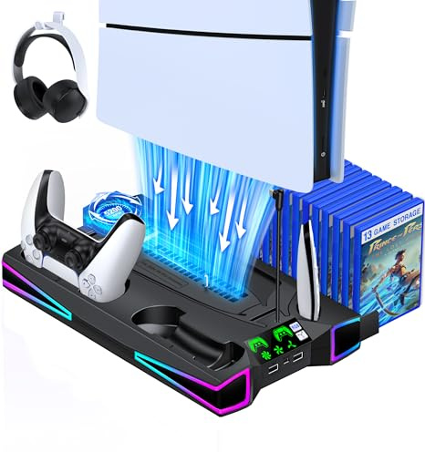 Elegamefy PS5 Standfuß mit Kühler Lüfter, PS5 Controller Ladestation mit Licht, Headset Halterung für PS5/PS5 Slim Disc & Digital Konsole für PlayStation 2 Spiele