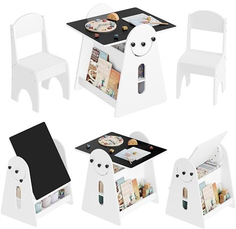 WOLTU Kindertisch mit 2 Stühlen, Kindertisch mit Stauraum, Innen 3 in 1 Maltisch/Tafeltisch mit Bücherregalen für Kinderzimmer, Vorschüler Kindersitzgruppe Indoor, Weiß