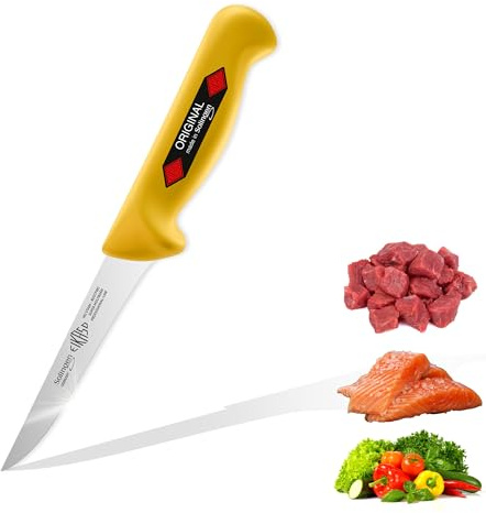 EIKASO Solingen Ausbeinmesser gerade 13cm Klinge steif aus Molybdänstahl 1.4116 Profi Fleischmesser Filetiermesser Schlachtermesser handabgezogen und eisgehärtet spülmaschinengeeignet (Gelb, 13cm)