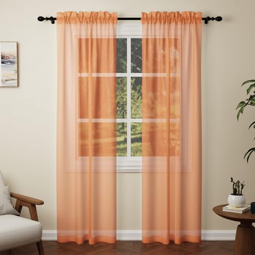 Pacok Orange Voile Curtains 84 Drop, 2 Panels Rod Pocket W56xL84 Inch | See Through Net Curtains for Windows Long Washable Sheer Curtain Panel for Living Room, Bedroom, Kitchen 142 x 213cm Drop