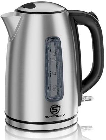 SUPERLEX Bollitore Elettrico 1.7 L in Acciaio Inox Electric Kettle 2200 W con Controllo Strix Filtro Rimovibile Bollitura Rapida per Casa e Ufficio